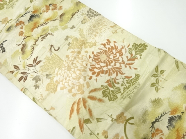 アンティーク　鶴に松竹梅・菊模様織出し名古屋帯（材料）